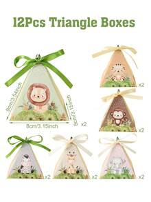 12个丛林动物主题三角礼盒，带丝带，适用于一周岁生日派对、婴儿派对装饰、多用途包装盒、性别揭晓派对用品、婴儿派对装饰、草莓主题派对装饰、婴儿派对用品、一周岁生日派对装饰 - 叢林動物 - 查看 5