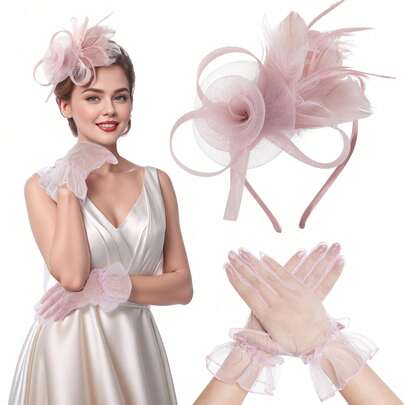 2pcs/1set Fascinator Hat With Lace Gloves Feather Derby Tea Party Cocktail Hat With Wedding Veil Accessories Costume Set For Women