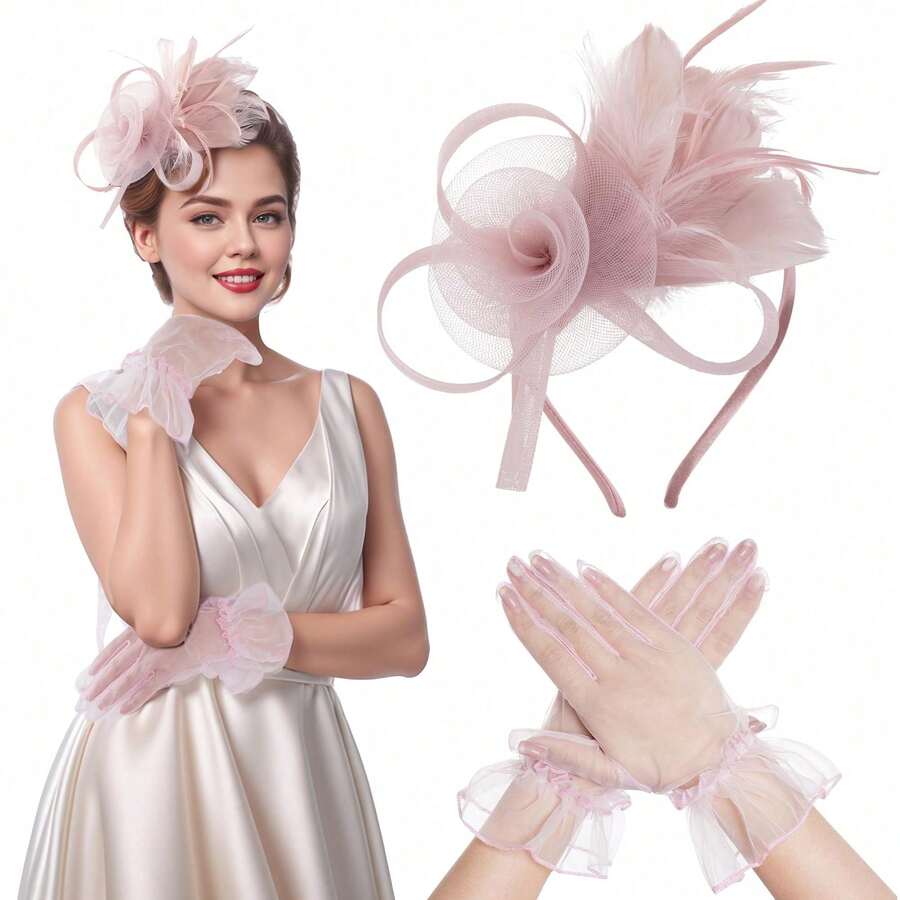 Bộ 2 món gồm mũ cài tóc Fascinator, găng tay ren, lông vũ, mũ dự tiệc trà, cocktail và khăn voan cưới, phụ kiện trang phục cho nữ. - màu hồng khỏa thân - Xem 1