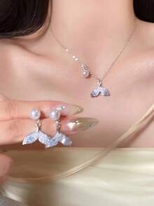 3件套简约日常玻璃珍珠耳钉项链套装，通勤百搭 - 白色 - 查看 8