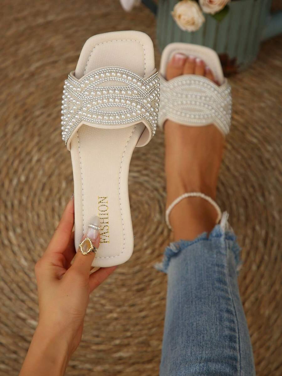 2025新款法式水晶装饰方头平底凉鞋，优雅套脚设计，适合搭配连衣裙，春夏秋季皆宜。 - 米色 - 查看 1