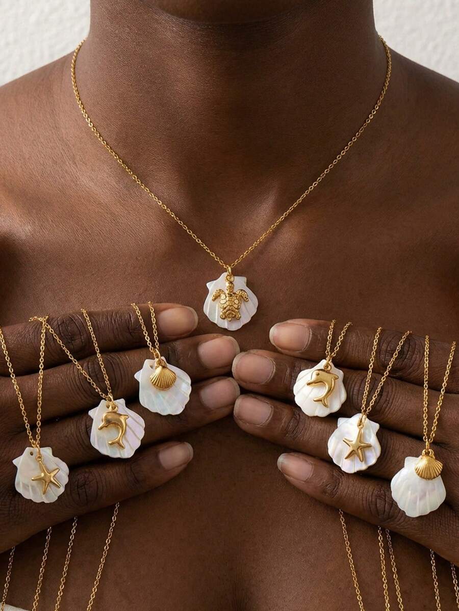 欧美风格海星、贝壳、海螺吊坠项链，充满夏日气息 - 彩色 - 查看 1