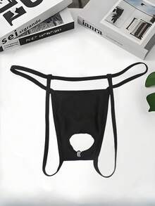 男士黑色性感领结印花舒适镂空情色印花丁字裤 - 黑色 - 查看 3