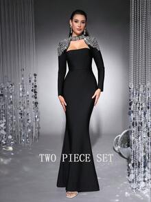 Elegant Women's Black Luxury Crystal Long Formal Evening Gown, High Neck Long Sleeve Mermaid Tie Waist Dress, Perfect For Formal Dinners, Weddings, Cocktail Parties, Red Carpets, Celebrity Events Party Spring - Black - View 11