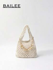 BAILEE 1 Set Polyester Crochet Mesh Bottom Multi-Color Solid Knitted Tote Bag, Quilted Pattern, Lightweight Portable Large Capacity Cute Fashion Beach Bag, Suitable Women, Young Professionals, Teachers/Girls - 白色 - 查看 3