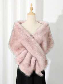 1pc Faux Fur Bridal Shawl With Collar, Autumn/Winter Cape For Wedding Dress, Scarf - 雙色杏色 - 查看 4