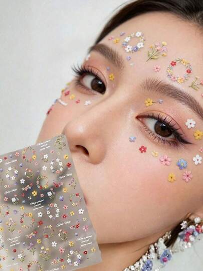1张彩色花环贴纸，面部及眼部妆容装饰贴纸，防水持久田园春日风格自粘式妆容装饰贴纸，适用于舞台表演、音乐节、摄影氛围营造等场合的面部装饰贴纸
