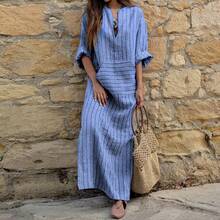 Popular European And American New Cotton Linen Striped Loose Fit Dress Women Summer Casual Vacation Beach Mini Dress 2024 New Arrival - 淺藍色 - 查看 10