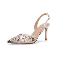 Women's High Heels, Women's High Heel Sandals, Women's Open-Toe Lace Mesh High Heels, Women's Closed-Toe Backless Stiletto Heels, Fairy Style, White, Floral, For Parties. - Champagne - View 10