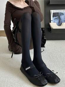 1双米色/黑色薄款透明甜美蝴蝶结拼接长筒袜，适合春夏穿着 - 彩色 - 查看 2