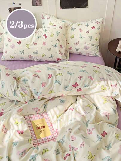 2/3件套彩色蝴蝶、蝴蝶结印花四季亲肤被套枕套磨砂三件套床上用品，柔软亲肤被套，印花被套和枕套，不含被芯，适用于双人床、标准双人床、大号双人床，适合所有季节，家居装饰，礼品，可机洗被套枕套三件套。