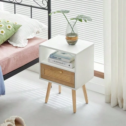 Rattan Side Table With Drawer And Solid Wood Legs, Modern Bedside Table, Side Table For Living Room, Bedroom, White - H55/W40/D30 Cm - White - View 1