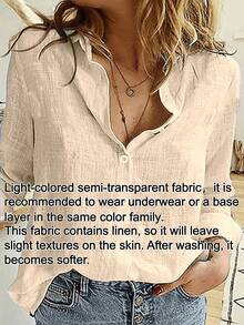 Women's Linen Long Sleeve Solid Color Button Collar Casual Elegant Comfortable Retro Style Shirt Blouse, Suitable For Spring And Summer. Semi-Transparent Material, Slightly Stiff, It Will Become Softer After Washing. - Apricot - View 4