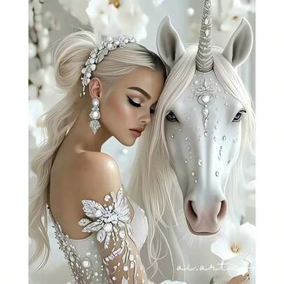 1件套DIY美丽公主与白马5D钻石画套装，尺寸：[30*40厘米/11.8*15.7英寸] [40*50厘米/15.7*19.7英寸]，适合成人初学者DIY马赛克钻石画，全钻手工爱好，适用于客厅、卧室、办公室墙面装饰画，是送给家人和朋友的惊喜礼物，无框艺术品家居装饰