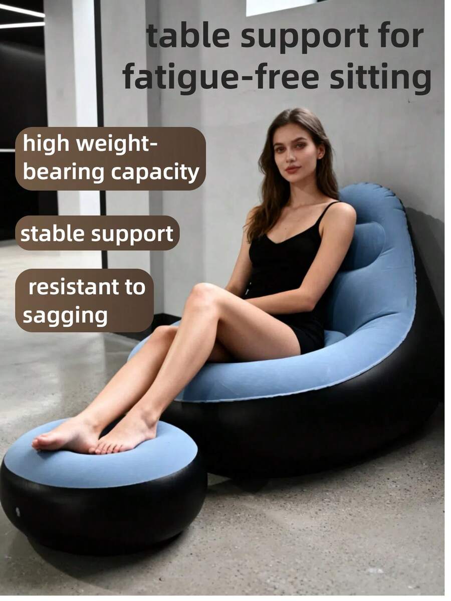 1pc New Inflatable Slouchy Sofa, Foldable Recliner Chair, Camping Outdoor Travel With Footrest Combination, Flocked Fabric Sofa Bed - Multicolor - View 1