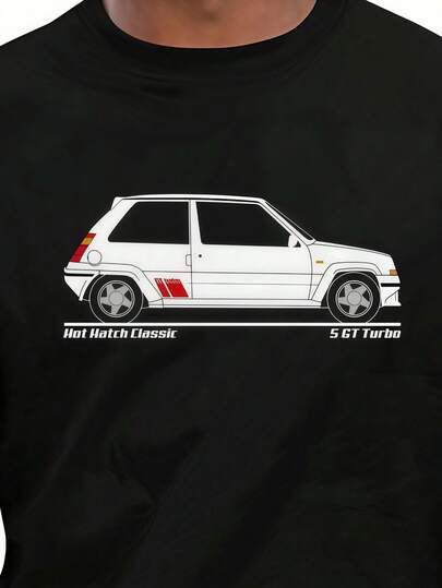 T-shirt graphique Vintage 5 GT Turbo pour homme - Design classique de voiture compacte sportive, noir avec graphismes blancs, coupe régulière, manches courtes, lavable en machine pour un confort tout au long de l'année.