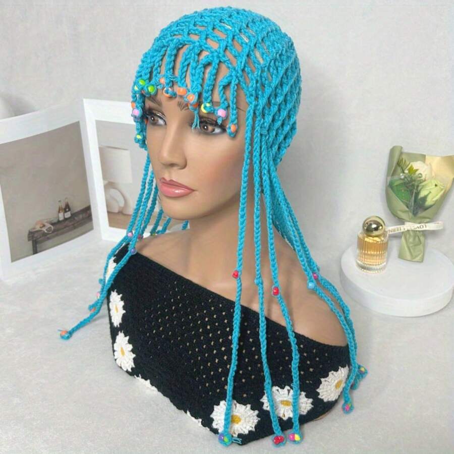 This Playful Crocheted Hat Features A Whimsical Dreadlock-Style Design, With Long Tassels Adorned With Colorful Beads For A Fun, Retro Vibe. Handcrafted From Soft, Stretchy Yarn, It Offers A Cozy Fit And Eye-Catching Appeal-Perfect For Festivals, Costume Parties, Or Bold Everyday Looks. Its Unique, Handmade Aesthetic Adds A Quirky, Bohemian Touch To Any Outfit, Making It A Standout Accessory For Those Who Love To Express Their Playful Side. - màu xanh da trời - Xem 1