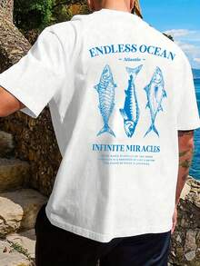 Men's Regular Fit T-Shirt With A Marine Fish Print, An Ideal Garment For Fishing Enthusiasts. This Short-Sleeved, Crew-Neck T-Shirt Is Loose-Fitting, Casual, And Stylish For Summer, Suitable For Various Sports, Outdoor Recreational Activities, Shopping, And Everyday Wear. A Comfortable And Versatile Short-Sleeved T-Shirt For Men. - 白色 - 查看 6