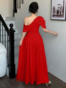 abyoxi Women's Red Ruched Waist Fitted Flare Dress, Elegant & Fashionable, Suitable For Party, Date, Holiday, Wedding, Formal Occasion, Banquet, Teacher's Day, Mother's Day, Graduation Ceremony, Stretchy Bodycon Long Dress For Spring & Summer - Red - View 2