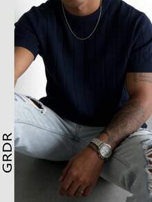 GRDR 男士夏季针织纯色罗纹短袖毛衣，运动休闲风，适合户外活动 - 藏蓝色 - 查看 2