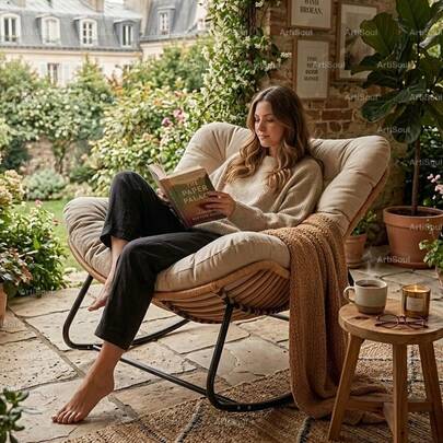 Fauteuil à bascule de style bohème confortable avec coussin épais amovible, fauteuil de lecture de loisirs de terrasse respirant pour toutes les saisons
