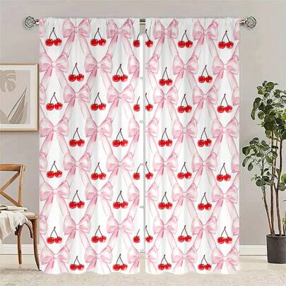 2 piezas de cortinas decorativas con impresión digital de alta definición con patrones de cerezas y lazos, de material de poliéster semi-transparente y resistente a la decoloración. Adecuado para cortinas del hogar y cortinas de ventana. Se puede lavar a mano y a máquina, con diseño de bolsillo para barra. Ideal para uso decorativo en dormitorios, salas de estar y decoración del hogar.