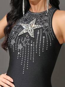 Fashionable Black Sleeveless Studded & Foil Printed Bandage Mini Dress, Fitted Silhouette For Women, Suitable For Holiday, Party, Dance - Black - View 8