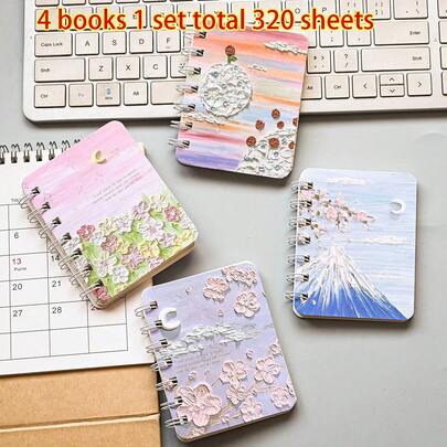 4pcs/Set A7 Spiral Notebooks, 80 Sheets Per Book, Total 320 Sheets, Cute Cartoon Oil Painting Cover, Hardcover, Lined Pages, Mini Portable Memo Pads For Students, Office Use