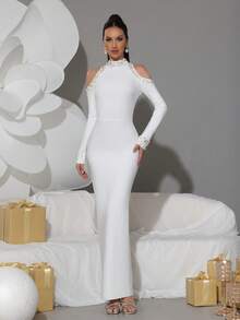 Elegant Black High Neck Off-Shoulder Fitted Long Evening Gown, Decorated With Pearl And Rhinestone On Sleeves, Suitable For Party, Wedding And Other Occasions - White - View 1