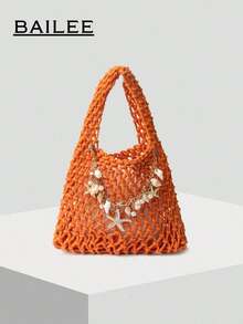 BAILEE 1 Set Polyester Crochet Mesh Bottom Multi-Color Solid Knitted Tote Bag, Quilted Pattern, Lightweight Portable Large Capacity Cute Fashion Beach Bag, Suitable Women, Young Professionals, Teachers/Girls - Orange - 查看 1