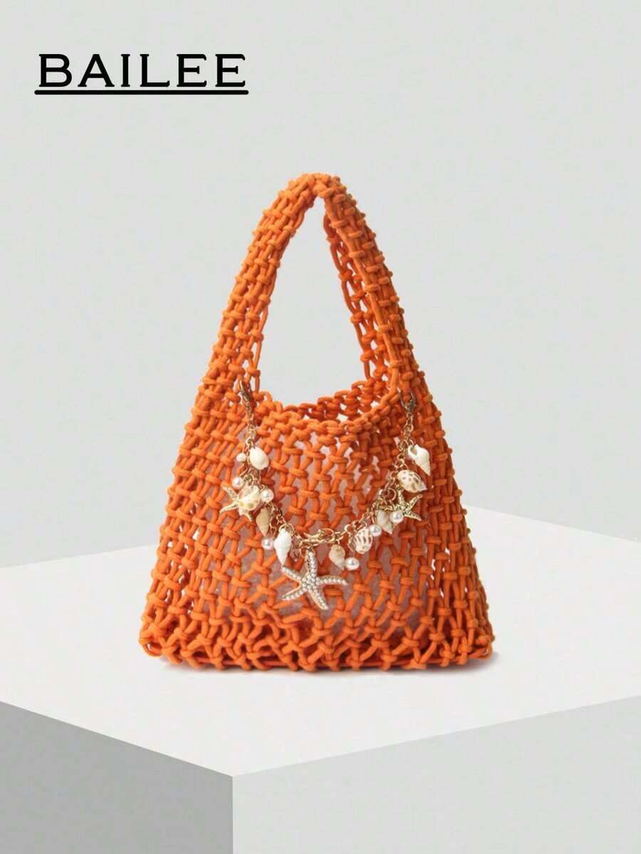 BAILEE 1 Set Polyester Crochet Mesh Bottom Multi-Color Solid Knitted Tote Bag, Quilted Pattern, Lightweight Portable Large Capacity Cute Fashion Beach Bag, Suitable Women, Young Professionals, Teachers/Girls - Orange - 查看 1