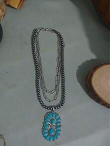 1pc Western Cowgirl Style Layered Necklace, Alloy Inlaid Turquoise Pendant, Suitable For Daily Wear And Parties - Turquoise Necklace - View 8