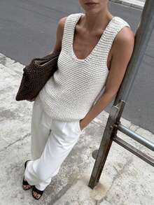 LUBI 女士夏季无袖 U 领透气针织面料杏色针织吊带背心，简约休闲风格，适合日常、通勤、周末、下午茶、街头穿着。 - 杏色 - 查看 4