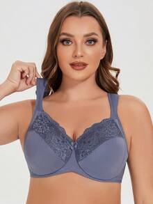 MELENECA Women Plus Size Full Coverage Wireless Lace Comfort Padded Bra - Dusty Blue - View 7
