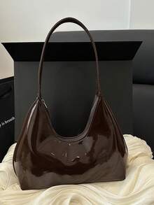 Korean Style Niche Red Lacquer Leather Crescent Shoulder Bag, Ladies Handbag, Stylish Underarm Bag, Good Quality,Fashion PU Leather Hobo Handbag - Versatile PU Leather Shoulder Bag Featuring A High-Shine Finish, Comfortable Single Strap For Underarm Or Handheld Wear, Roomy Interior To Fit Phone, Wallet & Cosmetics, Perfect For Modern Women Seeking Style & FunctionShopping, Commuting, Dating, Parties, Birthday Gifts, Valentine's Day Gifts - 棕色 - 查看 7