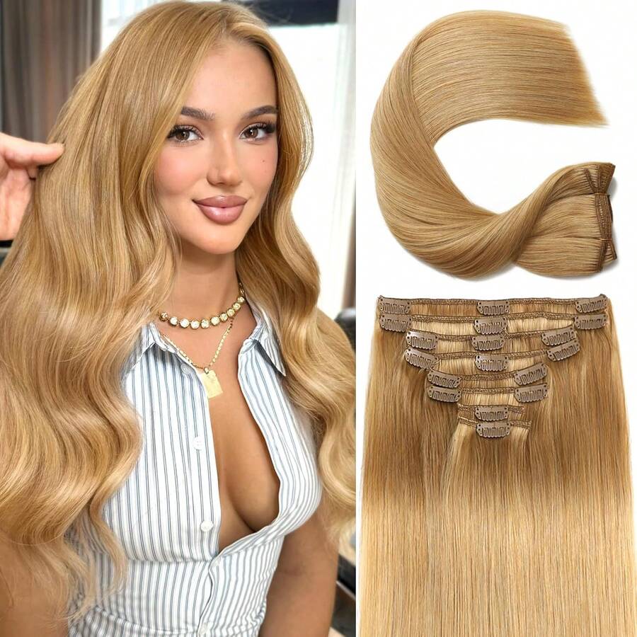 Clip In Hair Extensions Real Human Hair 18 Inch 100g/3.6oz Straight Seamless Invisible Human Hair Extensions Clip Ins For Women Double Weft 8pcs #27-Blonde - S27 - 查看 1