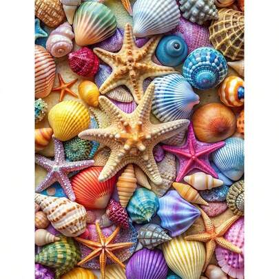 1件装DIY彩色贝壳和海星图案5D钻石画套装，[30*40厘米/11.8*15.7英寸] [40*50厘米/15.7/19.7英寸]，适合成人初学者DIY马赛克钻石画，全钻手工爱好，可作客厅、卧室、办公室墙面装饰，也可作为送给家人和朋友的惊喜礼物，无框