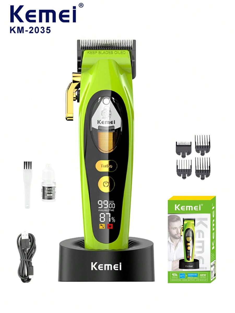 Kemei Cortadora de pelo eléctrica para hombres KM-2035, adecuada para salones profesionales, diseño inalámbrico, con cubierta protectora, batería de 2600mAh, base de carga, 1 set