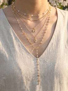 5件套优雅金色蝴蝶结、心形和水滴形立方氧化锆仿珍珠Y型项链吊坠套装，适合女士参加派对、约会、宴会、节日礼物、日常佩戴 - 金黃色 - 查看 5