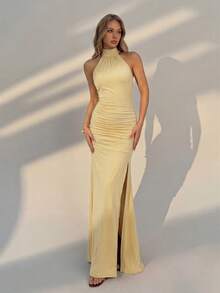 Đầm maxi màu vàng thanh lịch tối giản dành cho nữ - Xẻ tà bên, thắt nơ cổ, phù hợp cho khách dự đám cưới, kỳ nghỉ biển, kỳ nghỉ hè, đi chơi thường ngày và mặc hàng ngày theo phong cách tối giản mùa xuân/hè. - Màu vàng - Xem 3