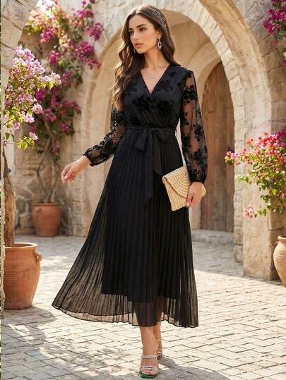 Elegant Women's Long Black Party Dress With Overlap Collar Long Sleeves Contrast Lace And Belted Pleated Flared Hem