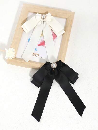 1件装女士时尚简约纯色仿珍珠缎带蝴蝶结领花，百搭休闲、约会、派对、衬衫、学校、舞台表演等场合适用