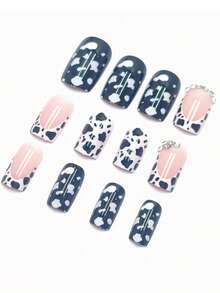 24pcs European And American Minimalist Black & White Cow Print Short Square False Nails, Decorated With Various Rhinestones, Suitable For Spring & Summer Wear, Suitable For Daily Life, Work, Comes With Gel And Nail File, Manicure Supplies - Black and White - View 4