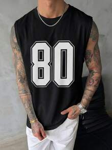 FRACTYR Men's Casual Sleeveless T-Shirt, 80 Graphic Print, Loose Fit Summer Sports Style Tank Top - Black - View 1