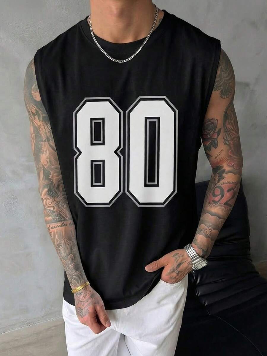 FRACTYR Men's Casual Sleeveless T-Shirt, 80 Graphic Print, Loose Fit Summer Sports Style Tank Top - Black - View 1