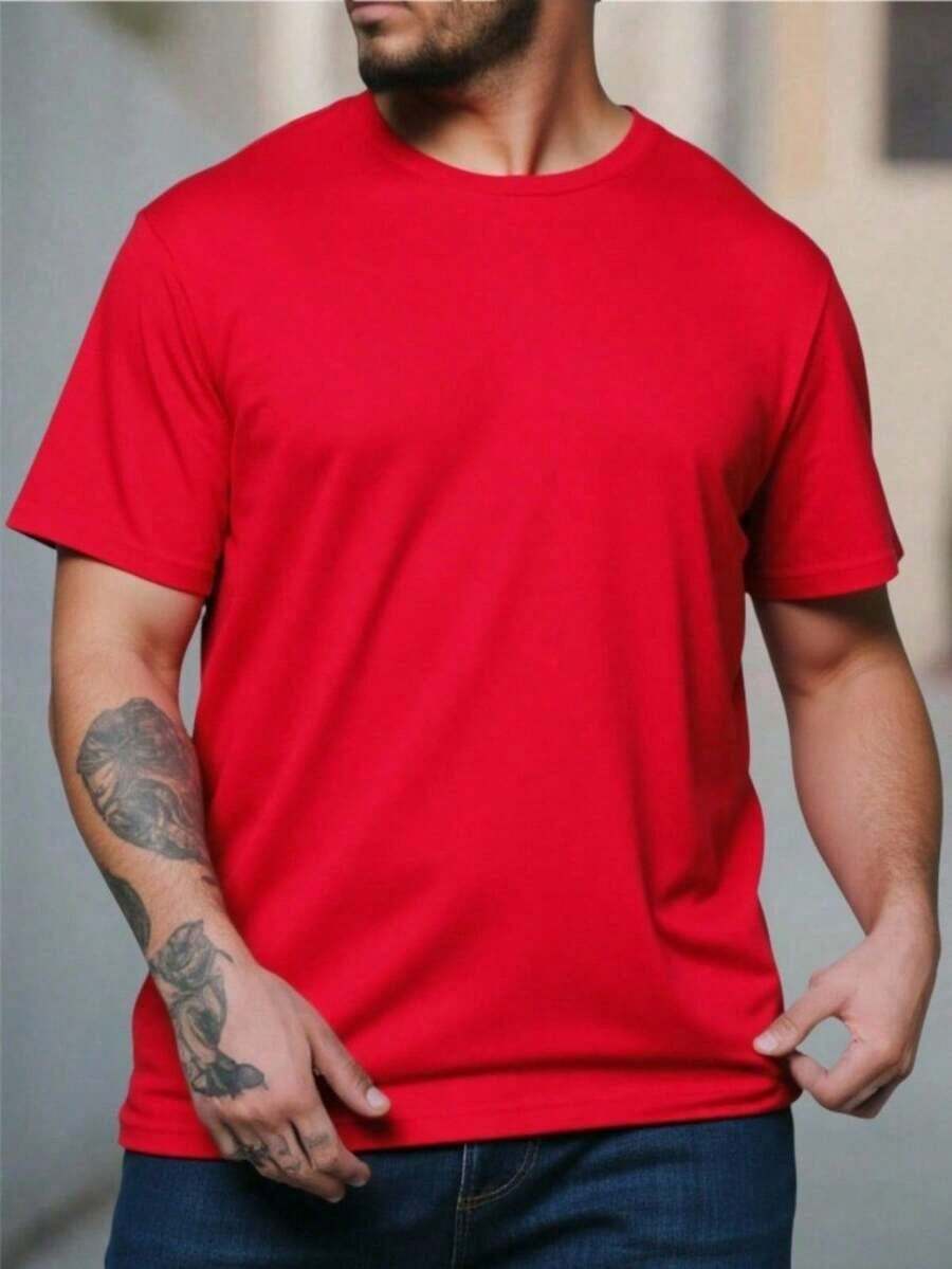 PLAIN ROUND NECK SHORT SLEEVE T-SHIRT - Red - View 1