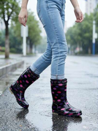 Women's Mid-Calf Waterproof Anti-Slip Rain Boots, Colorful Polka Dot Fashion Style, Comfortable & Durable Outdoor Rain Shoes