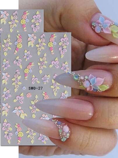 2片装马卡龙色春夏花卉浮雕美甲贴纸 - 5D哑光质感甜美小花美甲贴 - 适用于复活节/婚礼/音乐节/日常5D DIY美甲装饰