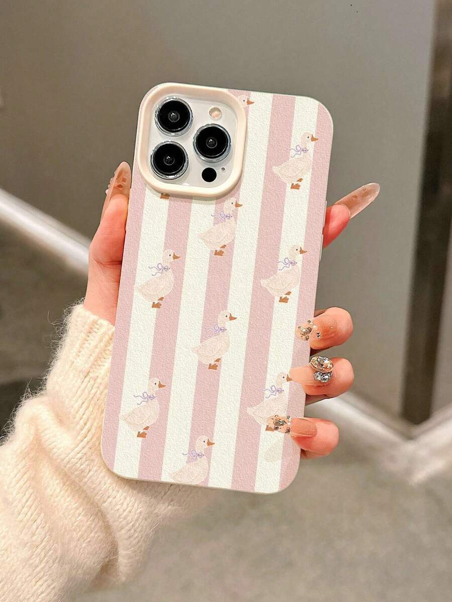 1个白色纹理TPU材质艺术治愈风粉白条纹可爱卡通鸭子图案软手机壳，适用于 17 Air/17 Pro Max/17/16 Plus/15/14/13/12/11/XS Max/XR/7/8 - 白色 - 查看 1