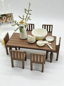 Mesa de Jantar Miniatura de Plástico Impressa em 3D, Decoração de Móveis de Micro Casa de Bonecas, Acessórios Modelo Miniatura para Casa, Adereços de Cena de Restaurante de Casa de Bonecas, Mesa Pequena, Cadeira com Encosto, Vaso, Modelos de Móveis em Micro Escala, Adereços de Fotografia de Micro Cena - Mesa de nogueira - Visão 4